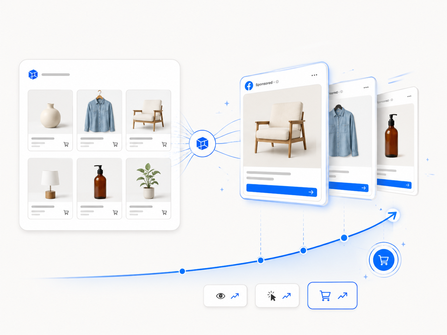 Product catalog feeding into sponsored catalog ads with a rising performance curve