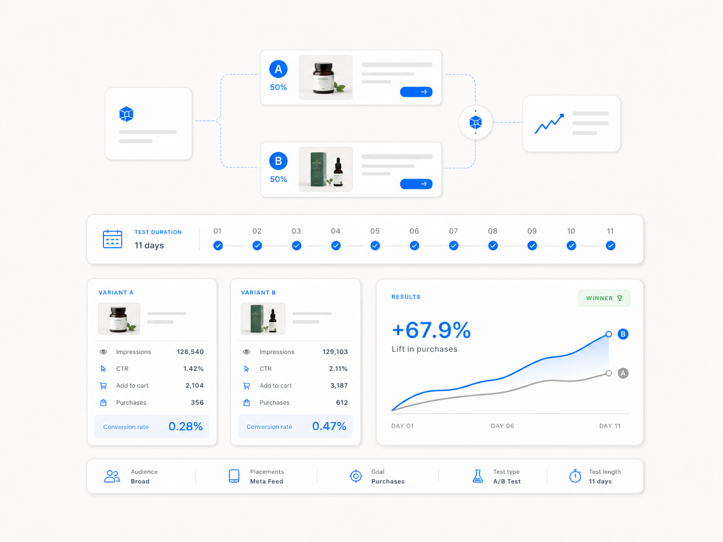 A/B test setup over 11 days with variant metrics and a winning lift in purchases