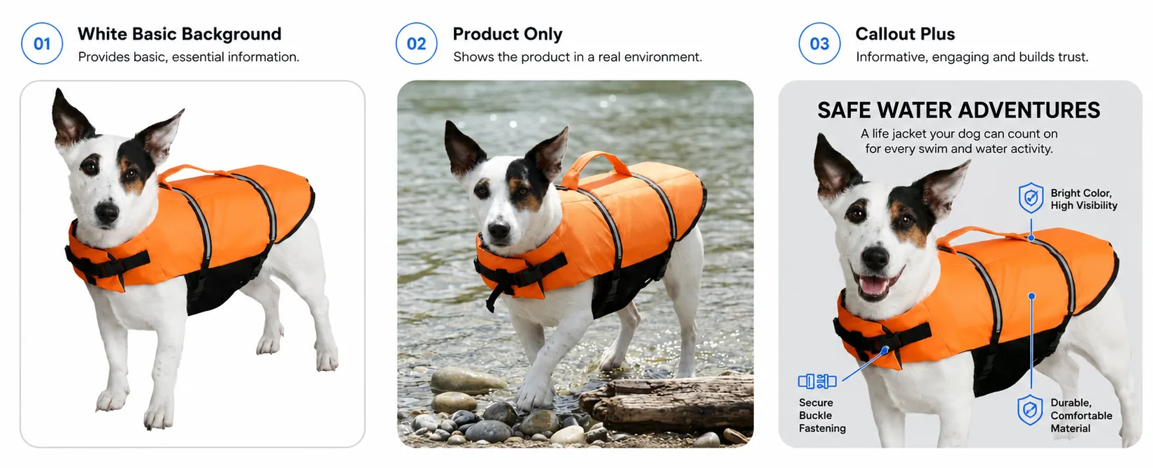 Dog Life Vest — three creative concepts: white background, product only, and callout