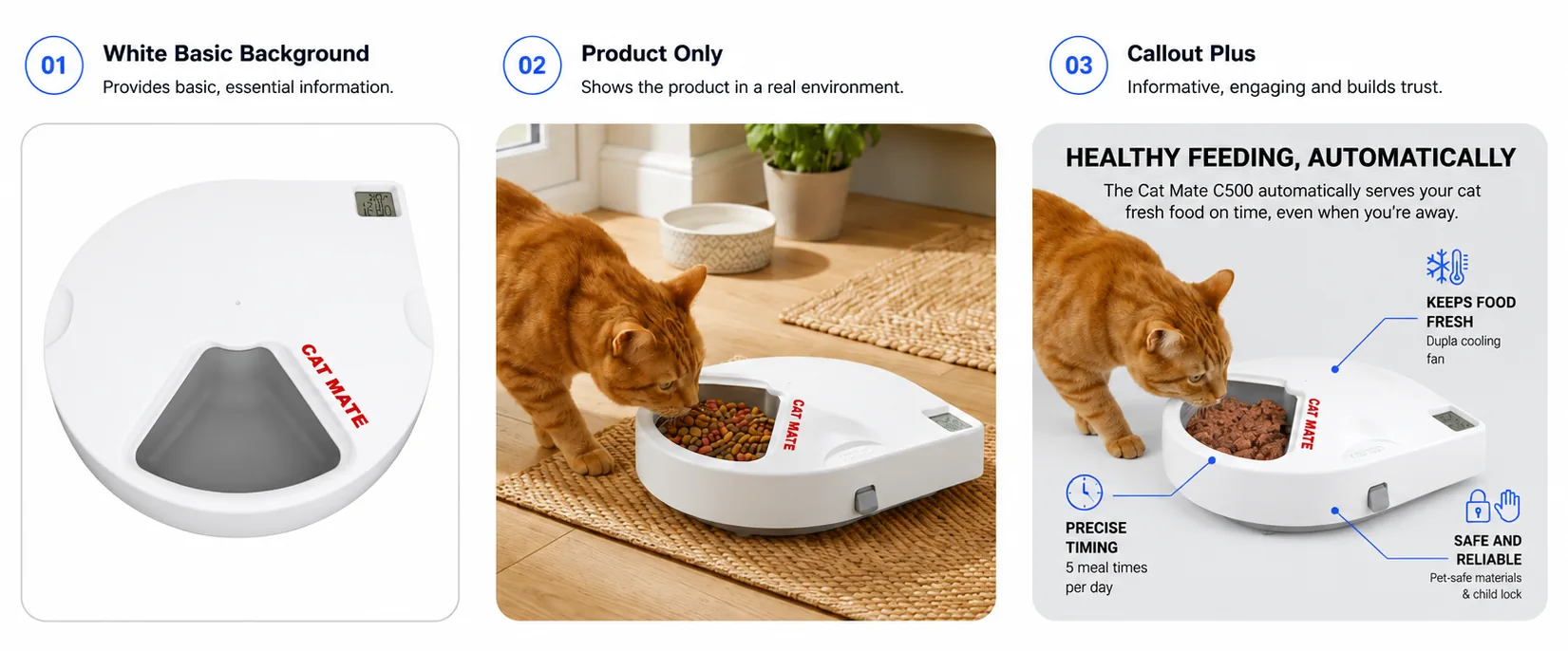 Cat Mate Feeder — three creative concepts: white background, product only, and callout