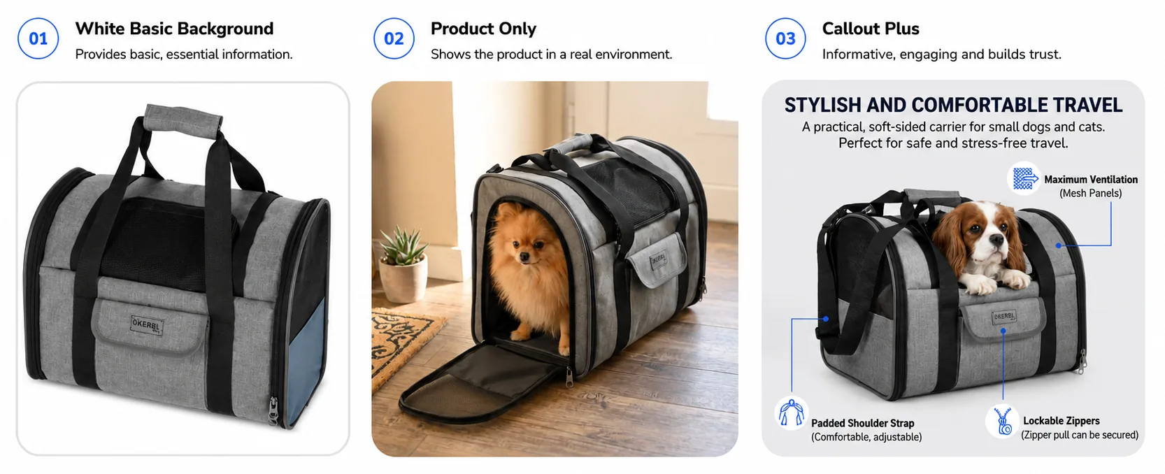 Pet Carrier — three creative concepts: white background, product only, and callout