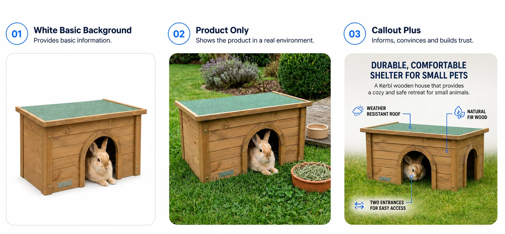 Rabbit Hutch — three creative concepts: white background, product only, and callout