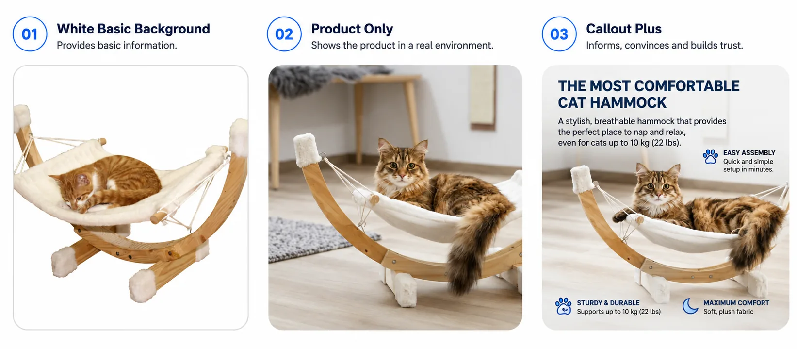 Cat Hammock — three creative concepts: white background, product only, and callout