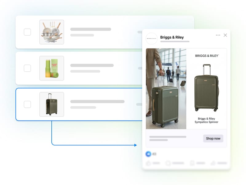 A product feed row connected to the live catalog ad it generates in the Meta feed