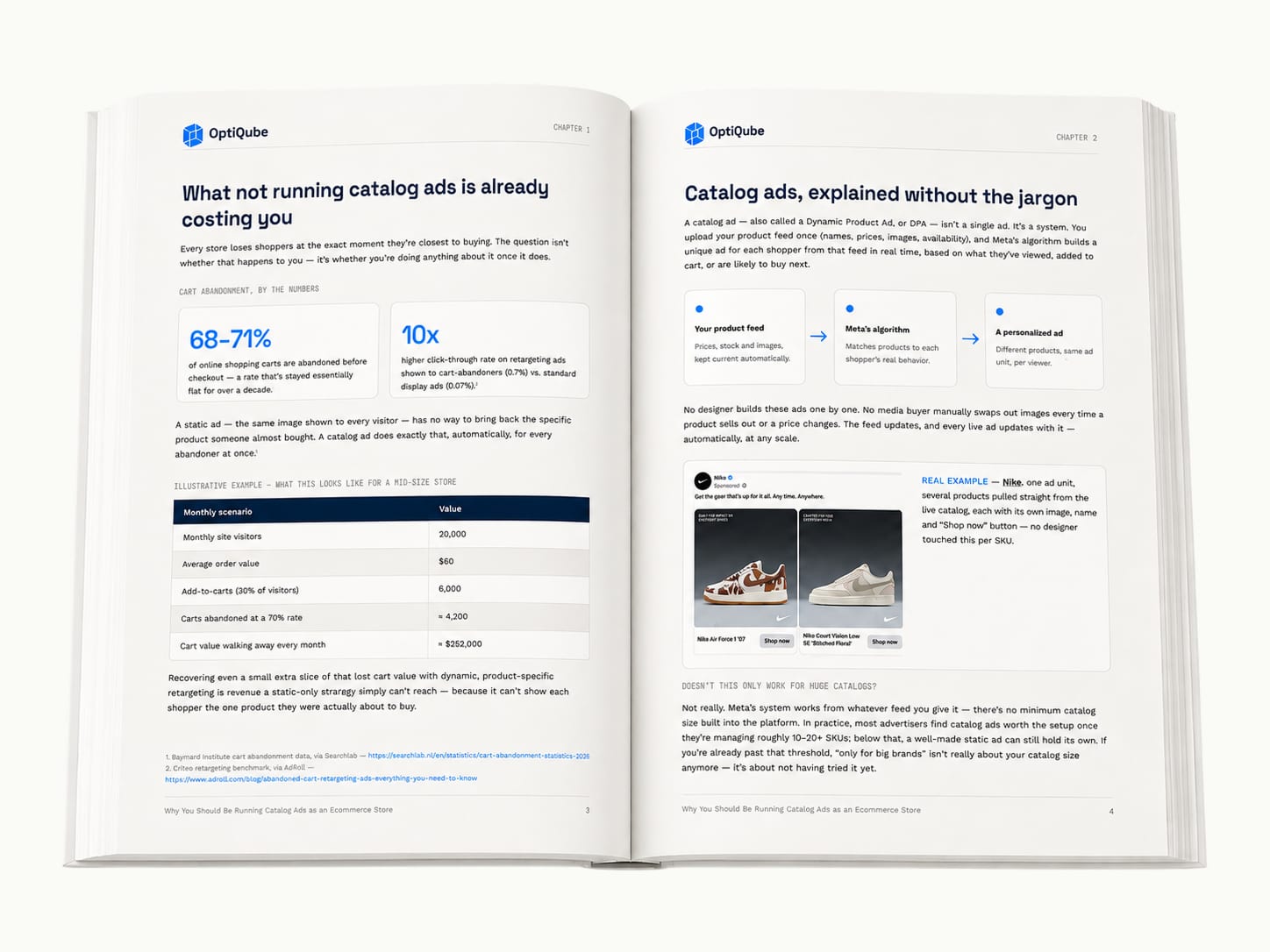 Open spread from the guide showing the cart-abandonment numbers and how catalog ads work